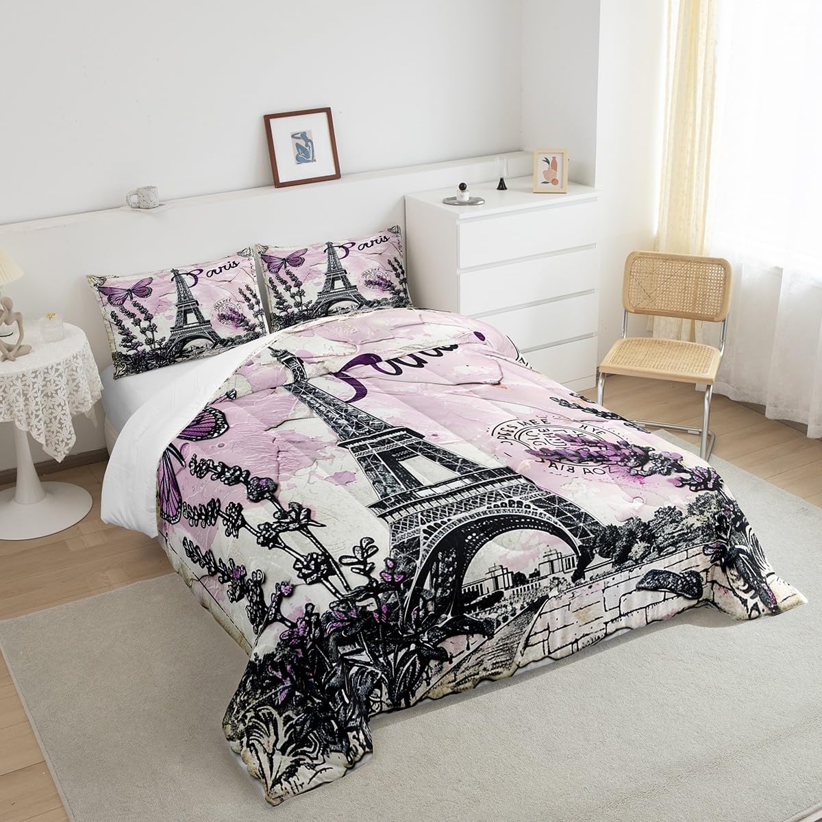 Purple Paris Eiffel Tower Comforter Set Queen Size,Butterfly Lavender Bedding Set for Kids Boys Girls Room Decor,Romantic French Style Duvet Insert 3Pcs,Floral Modern Luxury Quilt Set,2 Pillowcases