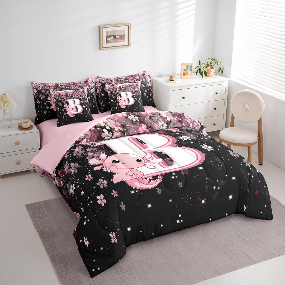 Erosebridal 7 Pieces Cute Letter Initial B Bedding Set Twin Size | Cute Axolotl Comforter Set with Sheets for Kids Girls Teens Pink and White Cherry Blossom Quilt Sets Kawaii Axolotl Bed in A Bag