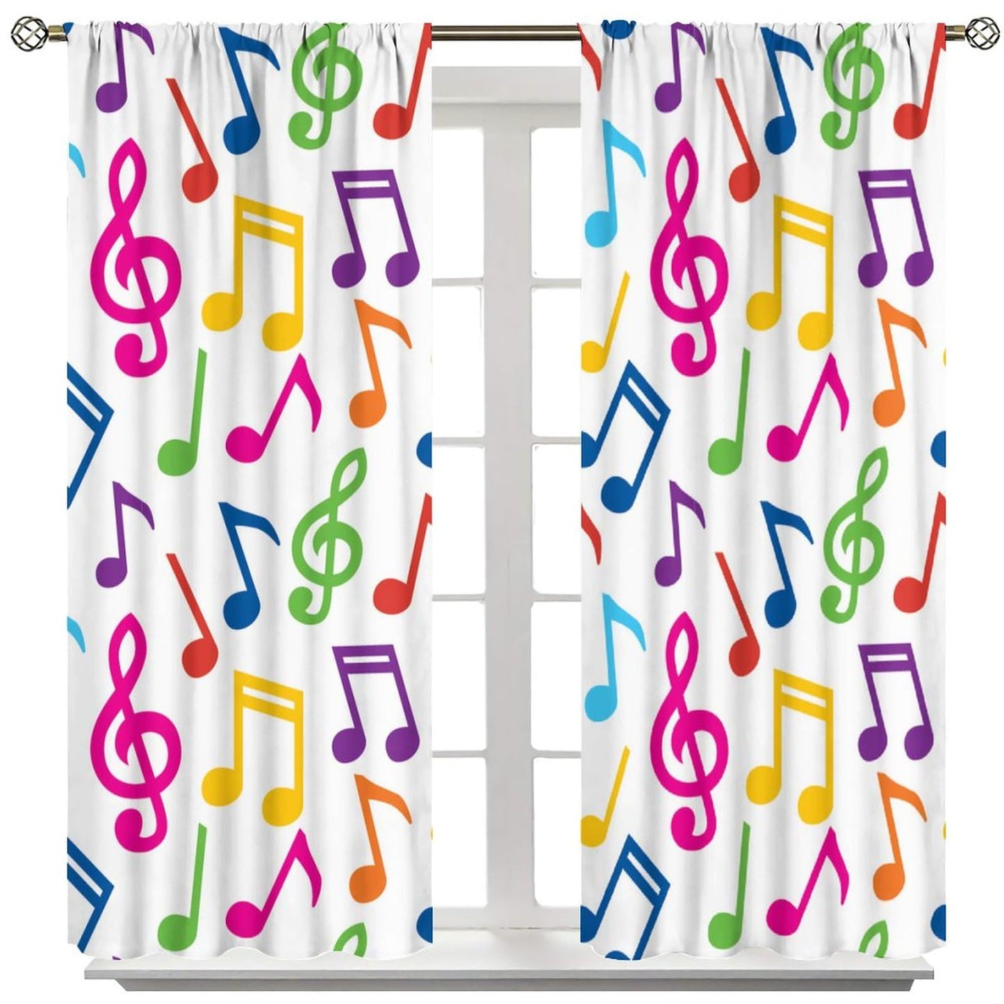 DDCBNS Music Equalizer Note Pattern Polyester Fabric Window Treatments, 2 Panel Set, Total Size 42" x 45", White, Rod Pocket, Unlined, 70% Opacity, Bedroom, Living Room, Music Room, Study