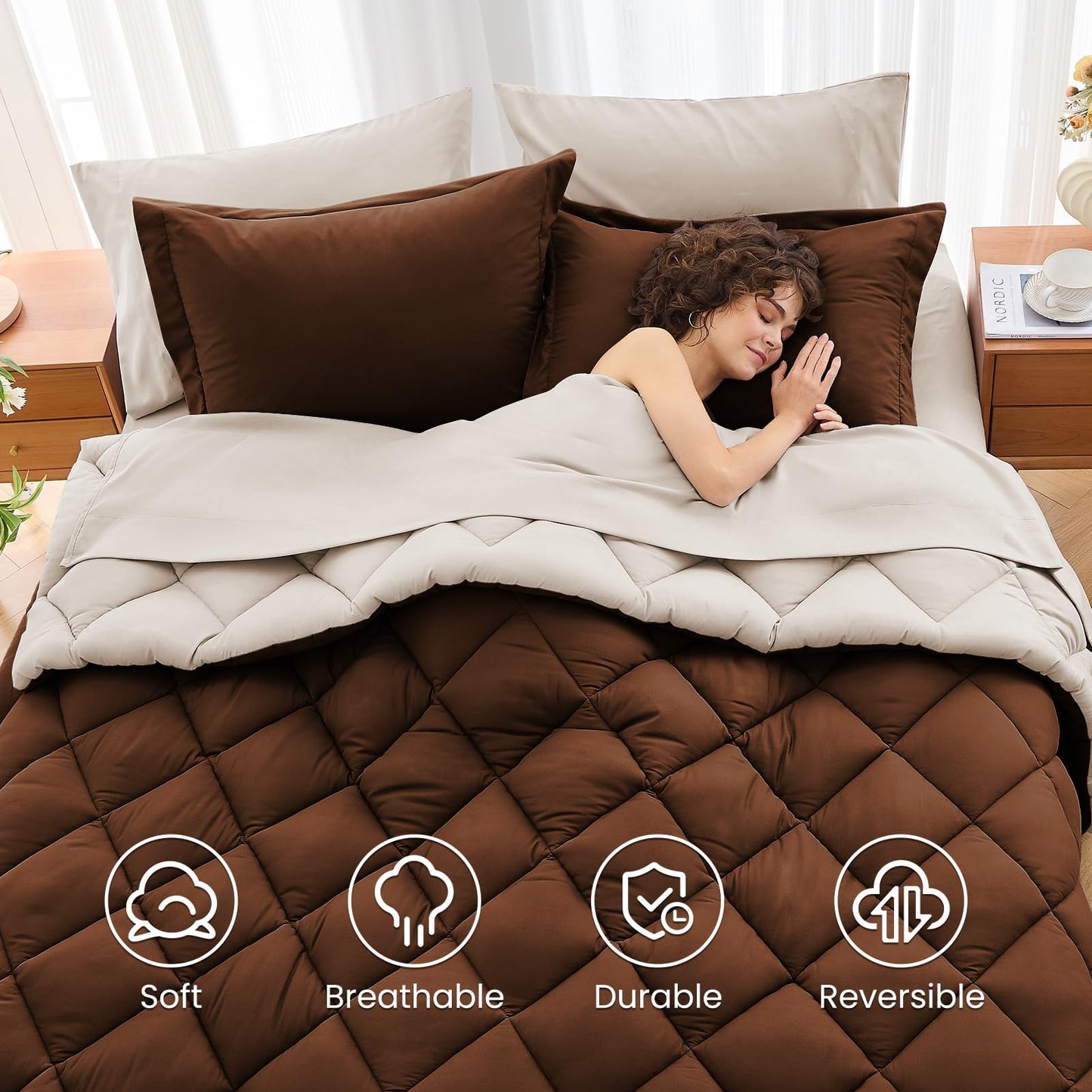 MUXHOMO 7 Pieces Queen Comforter Set, Reversible Bed in a Bag Queen Size, All Season Bedding Set with Comforter, Flat Sheet, Fitted Sheet, Pillowcases & Shams, Brown & Khaki