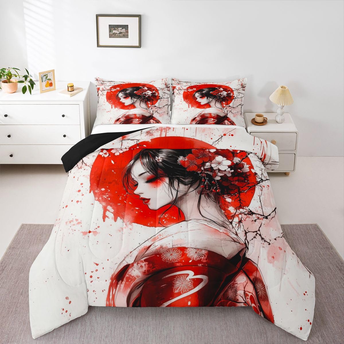 jejeloiu Japanese Geisha Comforter Set All Season Japanese Ukiyoe Bedding Set with 2 Pillow Cases Cherry Blossom Microfiber Kids Queen Bedclothes Red Sun Bedroom Decor Duvet Quilt Breathable Soft