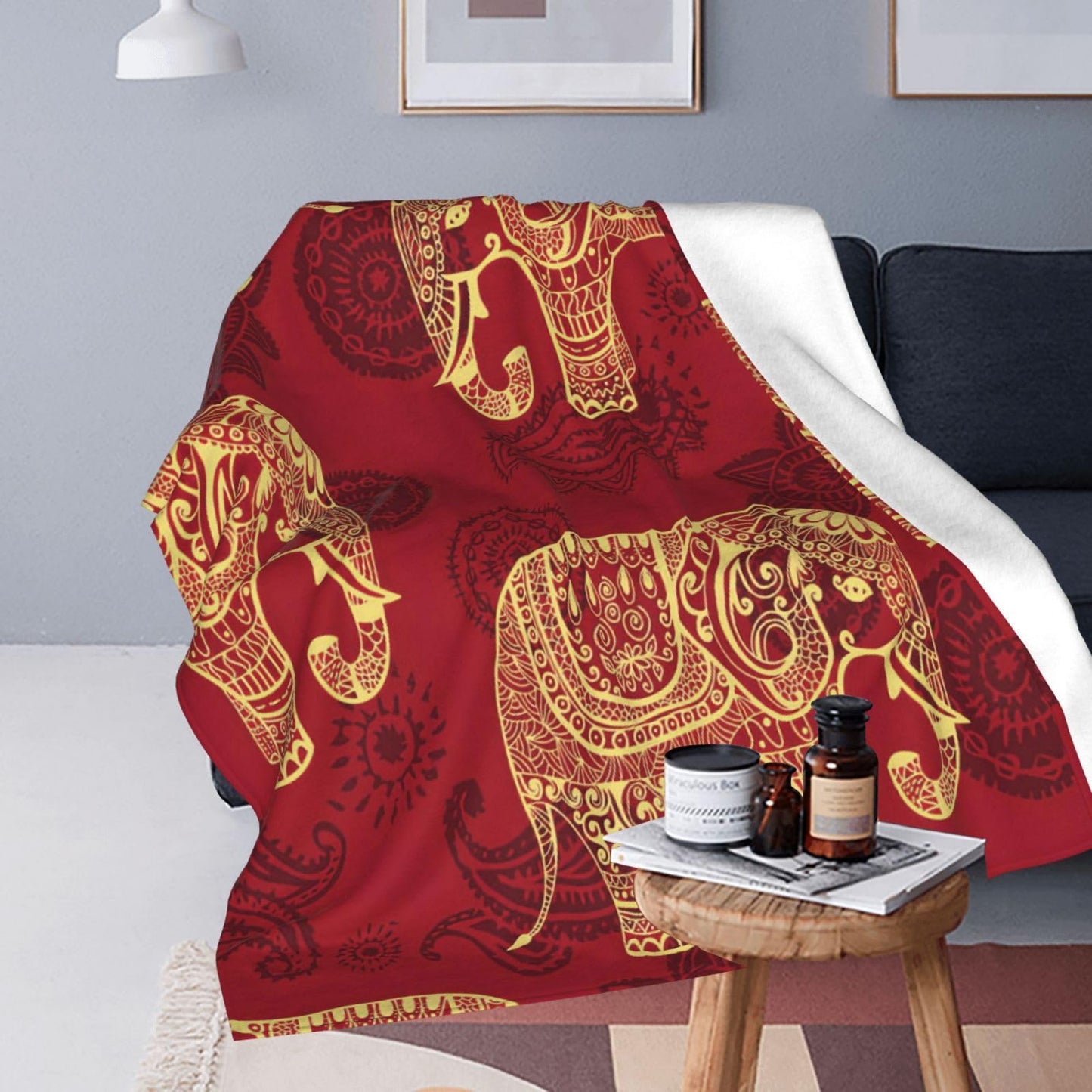 SweetFox Elephant Blanket Red Boho Elephant Decor Throw Blanket Gifts for Girls Boys Super Warm Soft Plush Lightweight Fleece Flannel Winter Couch Bedding Blankets for Kids Adults Women Men 50"X40"