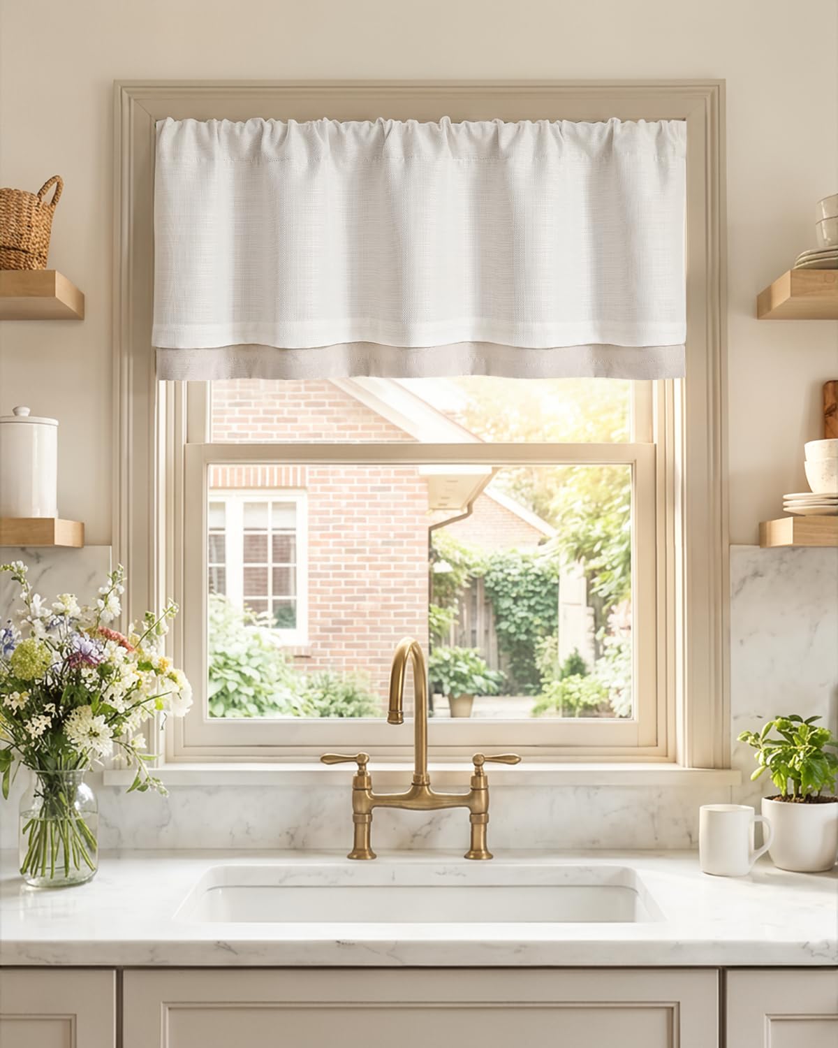 jinchan Faux Linen Valance Kitchen Curtain Light Filter Double Layer 18in