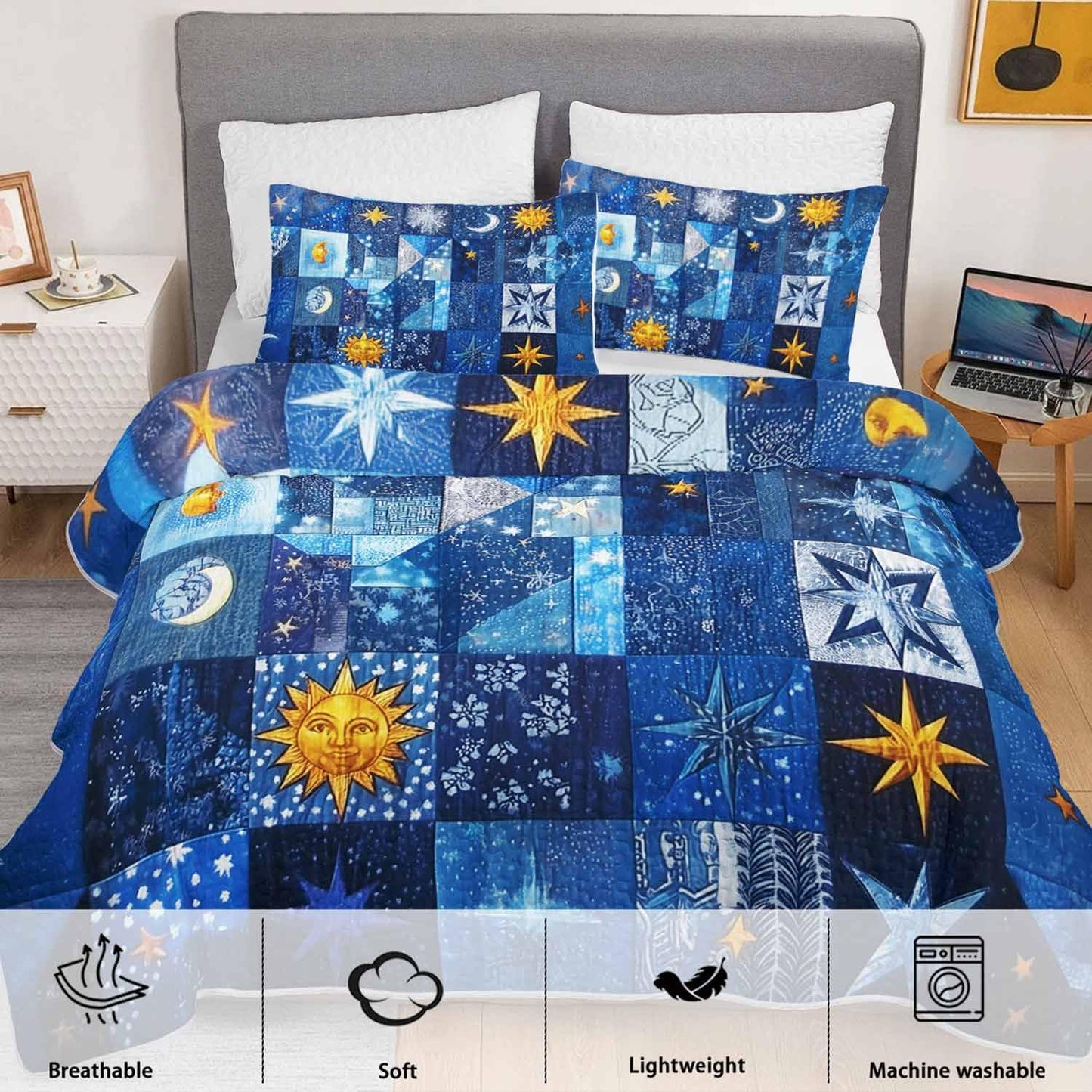 XYNHML Sun Moon Star Quilts Bedding Full 3Pcs Mystic Celestial Galaxy Starry Quilt Set Blue Patchwork Grid Lightweight Soft Bedspread Coverlet with 2 Pillowcases for Kid Boy Girl Teen Adult Bed Decor