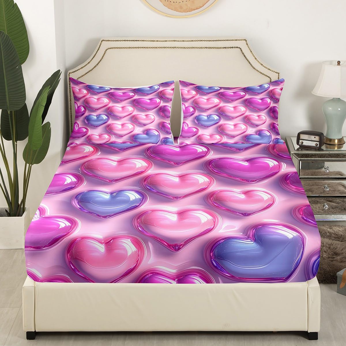 Erosebridal Love Heart Flat Fitted Sheet Full Kawaii Decor Bed Set for Girls, Cute Lovely Bed Sheets Set for Kids Adult Bedroom Decor,Pink Purple Soft Microfiber Bedding Sets with 2 Pillow Cases