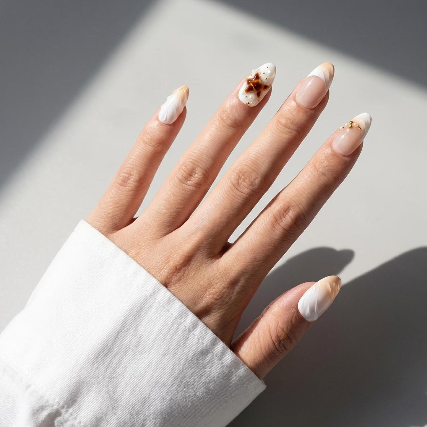 EasierGlow 10 Pcs Handmade Short Almond Press On Nails - Easy Apply & Remove, Reusable & Salon Quality | Nude Gradient Press Ons with 3D Star, Pearl & Swirl Sculpted Accents(UO05, S)