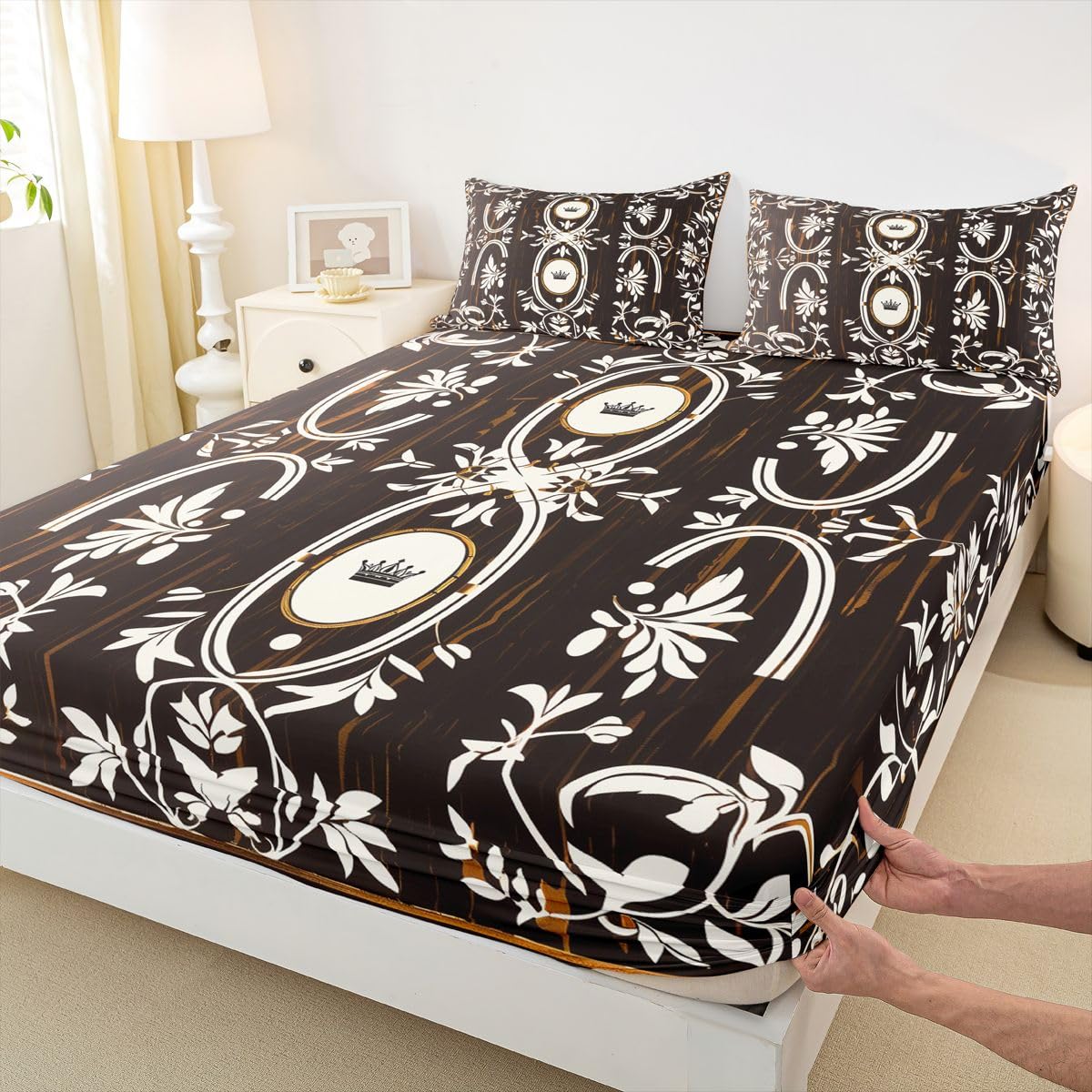 Erosebridal Black Gold Crown Bed Sheets Set Full Vintage Boho Floral Sheet Set Bohemian Exotic Goth Sheets Farmhouse Wooden Flat Fitted Sheet