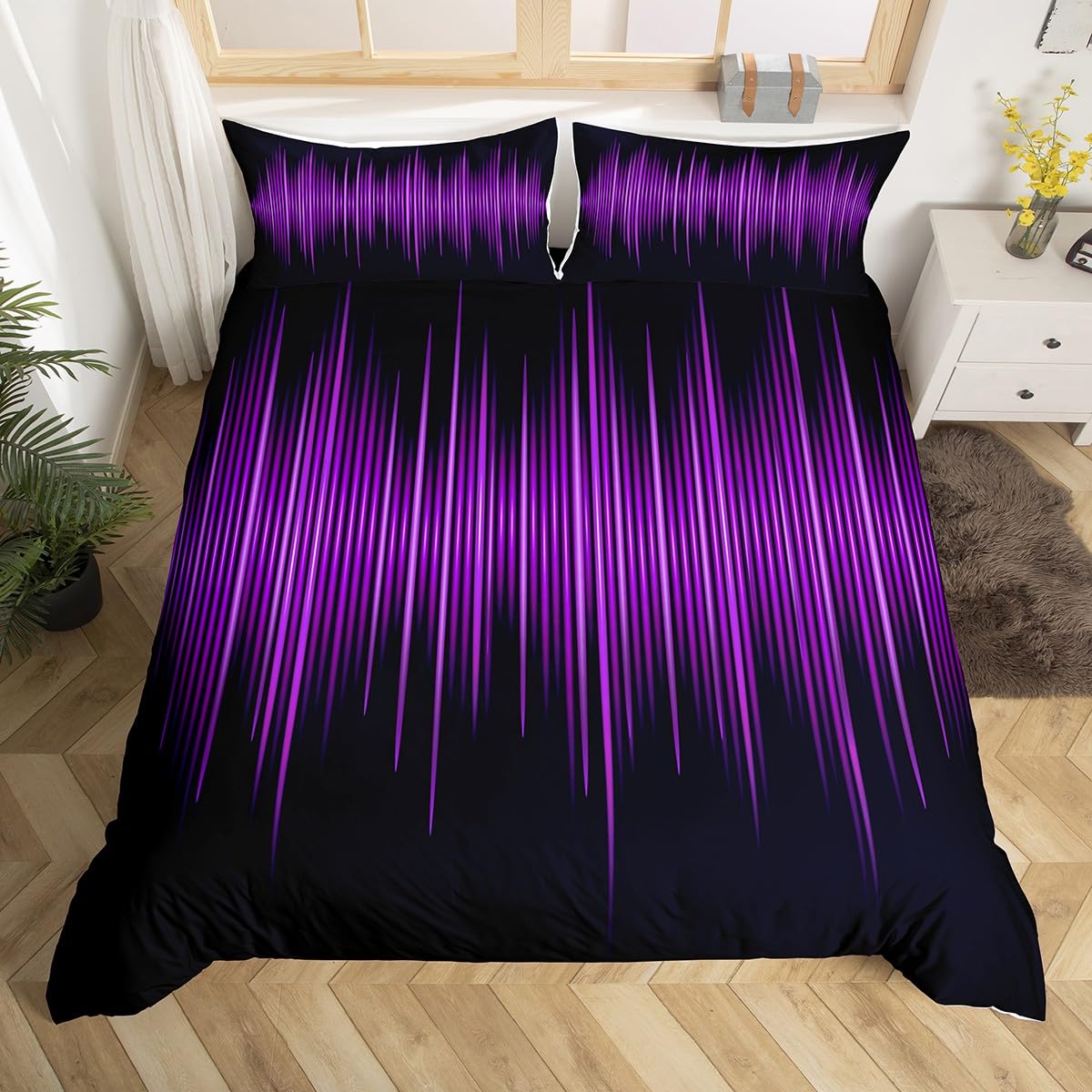 Geometric Abstract Stripes Kids Duvet Cover Set King Size,Purple Gradient Lines Bedding Set,Boys Girls Adults Bedroom Decor,Modern Stylish Comforter Cover,Black Simple Quilt Cover,3pcs,2 Pillowcases