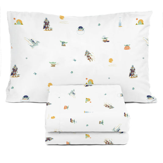 Sunny Side Up Kids Sheet Set with Fitted, Flat Sheets & Pillow Cover - Ultra-Soft Bedding with Pillowcase for Room Decor, White - Star Wars Mandalorian, 3 Piece Twin