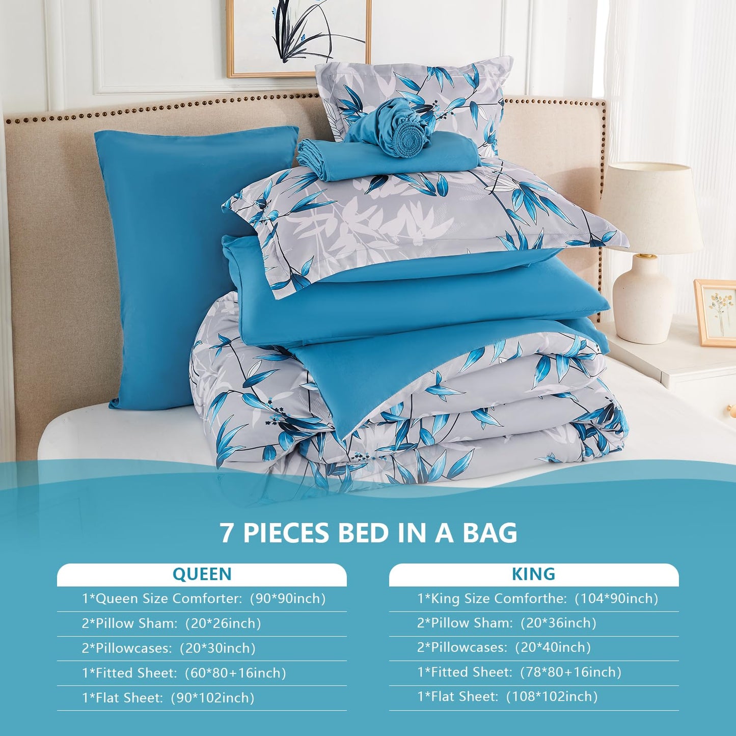 LXWORX Queen Comforter Set Blue - 7 Pieces Bed in a Bag Botanical Leaf Pattern Bedding Set, Soft Lightweight Bed Set with Comforter and Sheets for All Season (Blue,Queen)