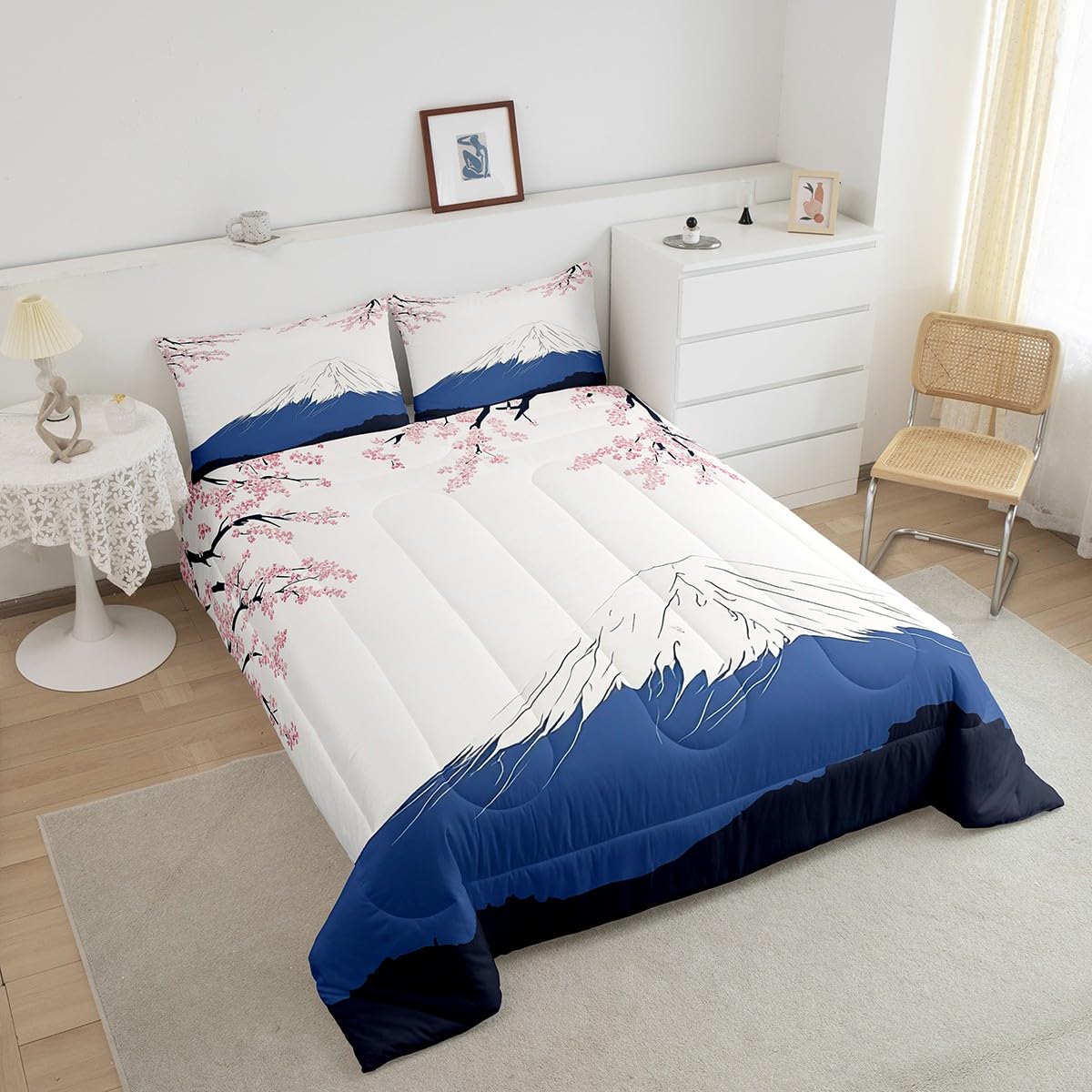 Feelyou Japanese Fuji Mountain Bedding Set for Kids Boys Girls Queen Size Cherry Blossoms Comforter Set Ultra Soft Exotic Comforter Japanese-Style Duvet Quilt Bedroom Decor Stylish Simple Quilt