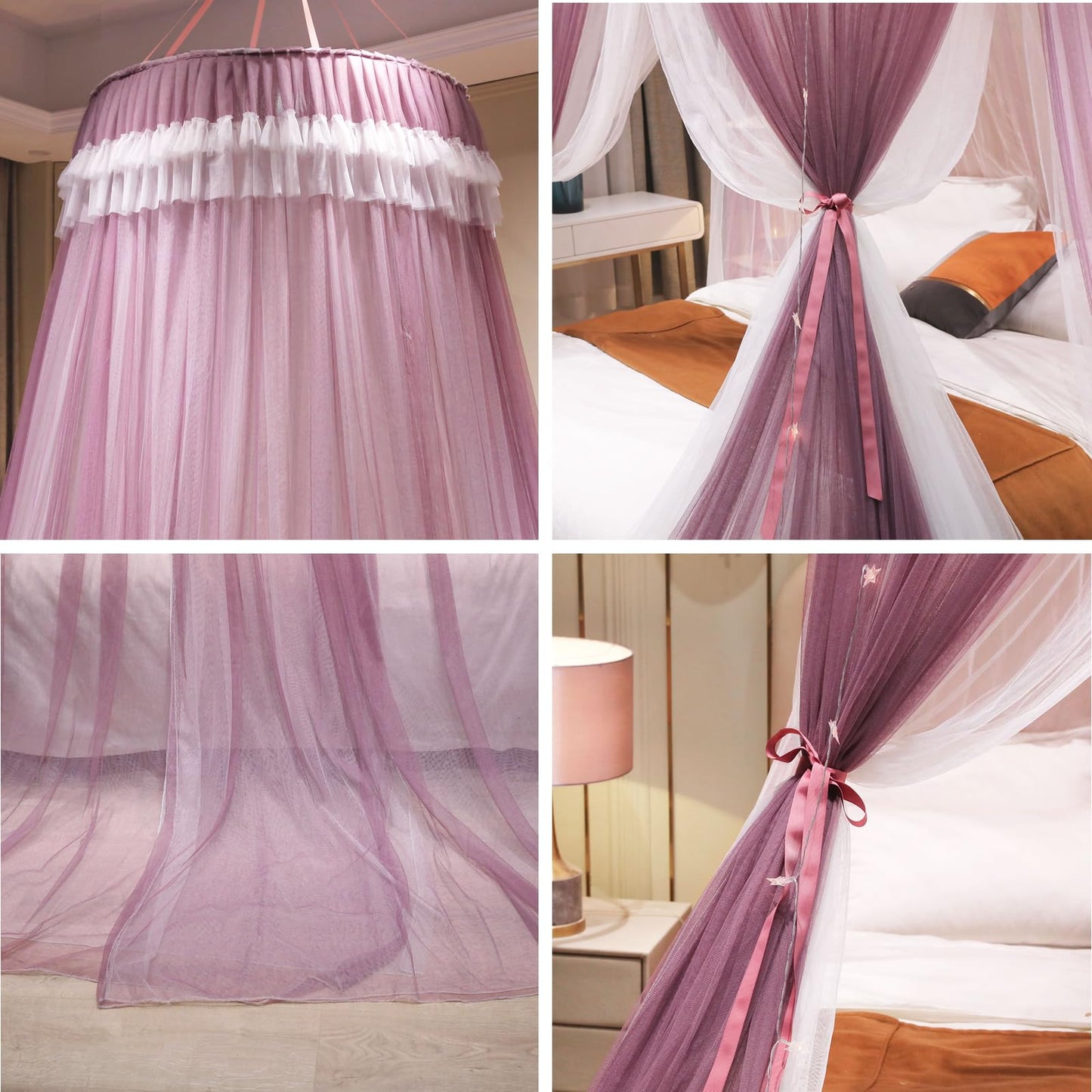 AIKASY Girls and Adults Canopy Bed, Elegant Double-Layer Bed Curtain, Children's Dream Round Lace Mosquito Net, Princess Canopy Net - Fits Twin, Full, Queen, and King Beds (White/Red Bean)