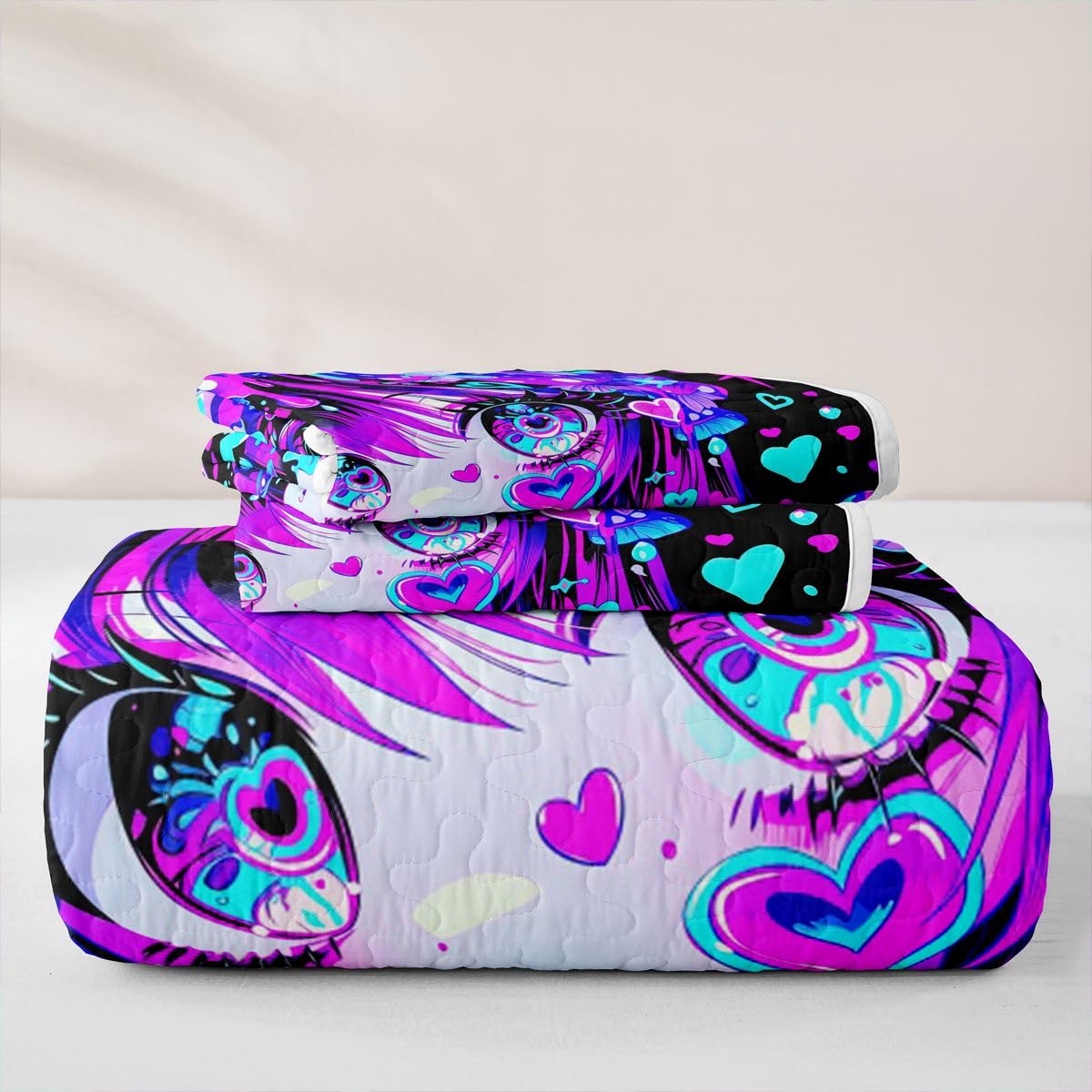 Erosebridal Kawaii Japanese Girl Quilt Twin Size - Anime Girl Bedspread Fantasy Mushrooms Bed Coverlet with 1 Pillowcase