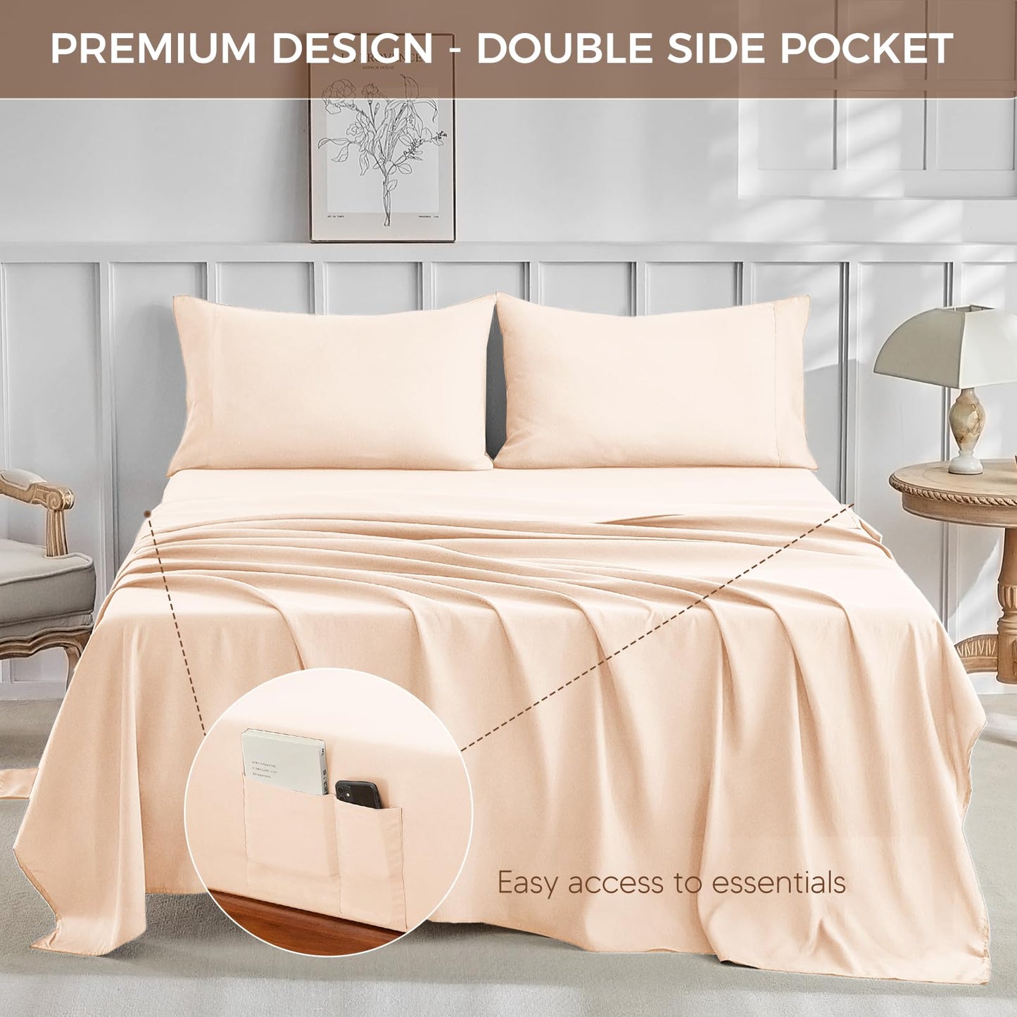 Tokokimo Hotel Collection Full Sheet Set - 4-Piece Ultra-Soft Microfiber, Extra Deep Pocket, Full Size Fitted Sheet with Double Side Pockets, Cooling & Breathable, Wrinkle & Fade Resistant, Beige