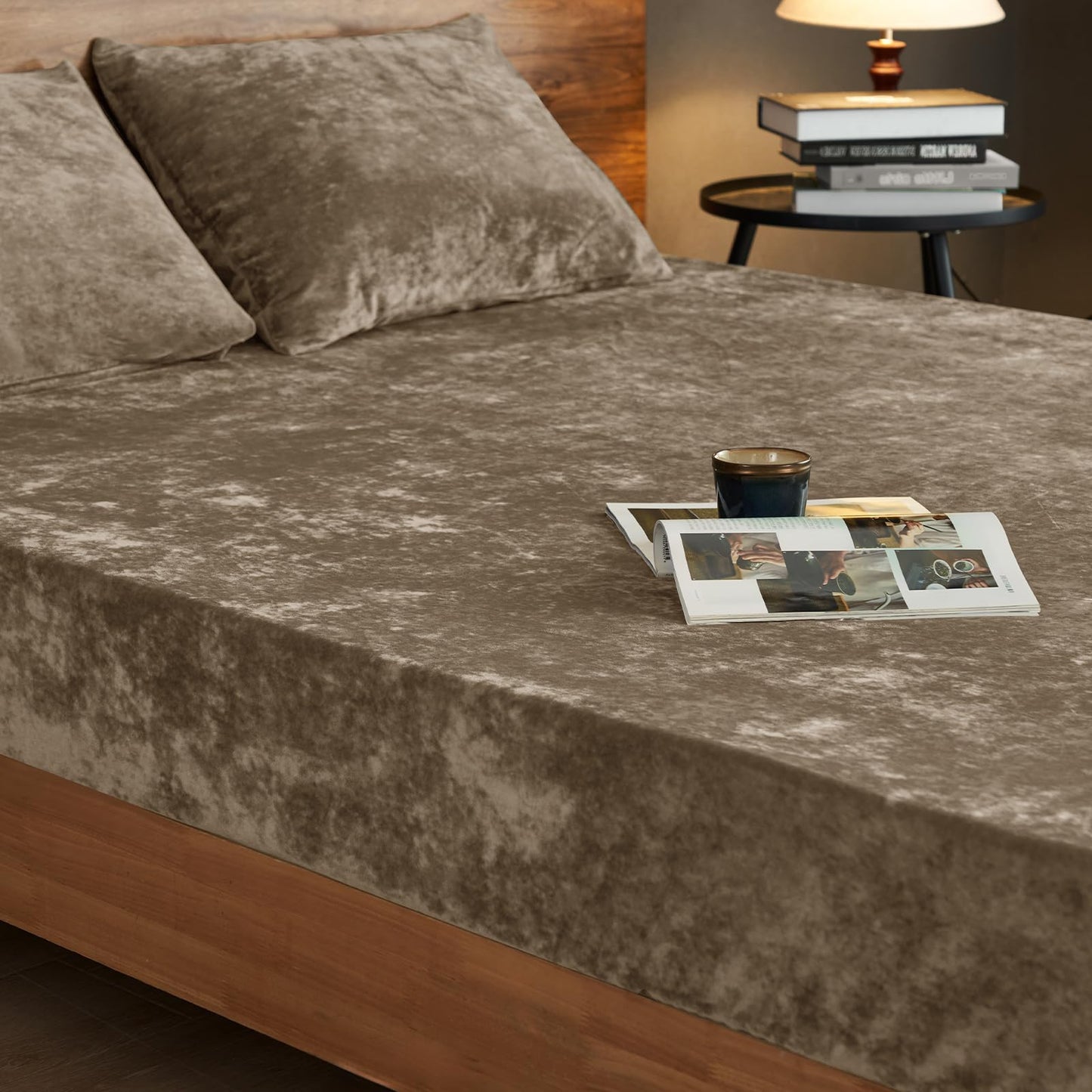PHF Truly Velvet Fitted Sheet Only Queen Size, Luxury Super Soft Cozy Fuzzy Fleece Bottom Sheet, Deep Pocket Up to 16",Strenghth Elastic Band,Suitable for Fall Winter Spring, No Pillowcases, Khaki