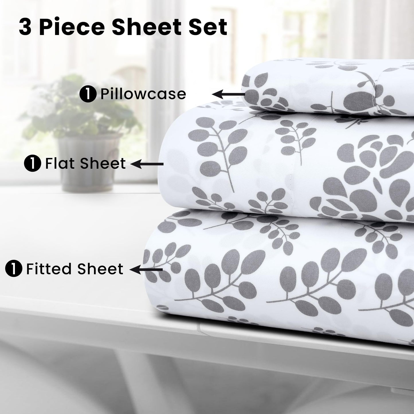 LUX Décor Floral Twin Sheet Set - 3 Piece Ultra-Soft Microfiber Bed Sheets with Flat Sheet, 16 Inches Deep Pocket Fitted Sheet & Pillowcases, Breathable, Bedroom Decor, Oeko-TEX - White Grey