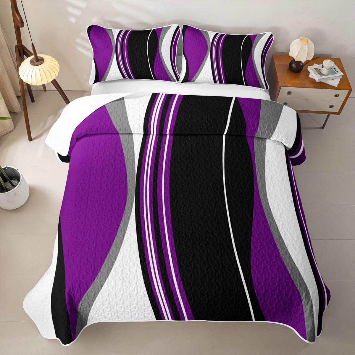 Erosebridal Purple Black Abstract Quilt Twin Grey Modern Striped Quilt Set Geometric Stripes Lines Coverlet with 1 Pillowcase Contemporary Art Boho Quilted Bedspread