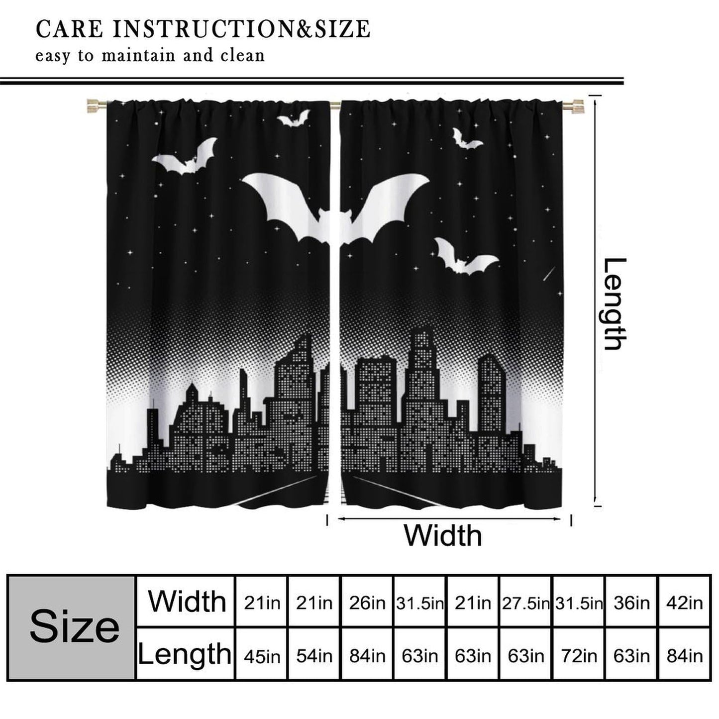 DDCBNS Hero Window Curtains,Comic Art Style Cartoon City Starry Sky Window Treatments for Kids Boys Girls Bedroom Décor Drapes 2 Panel Sets Total Size 42" x 45" Black White