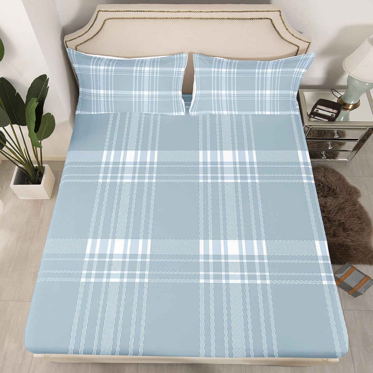 jejeloiu Classic Plaid Fitted Sheet with 1 Pillowcase Twin Size Gray Checkerboard Bed Sheets Set 16" Deep Pocket Boys Girls Farmhouse Bedding Aesthetic Grid Teens Bedroom Decor Breathable