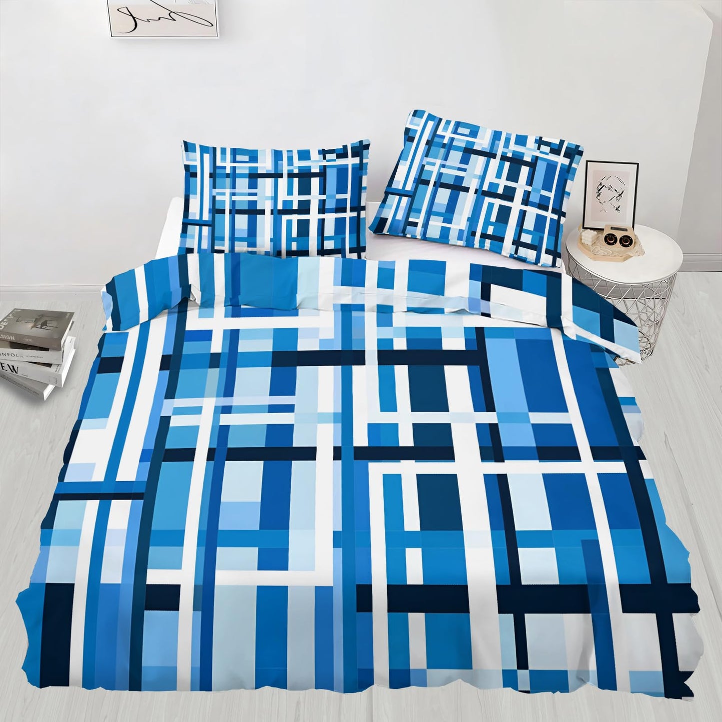 GKPLY Blue Grid Abstract Bedding California King, Modern Geometric Duvet Cover Set, Minimalist Block Comforter Cover with Zipper, 3 Pieces with 2 Pillowcases, Cool Tone Bedding