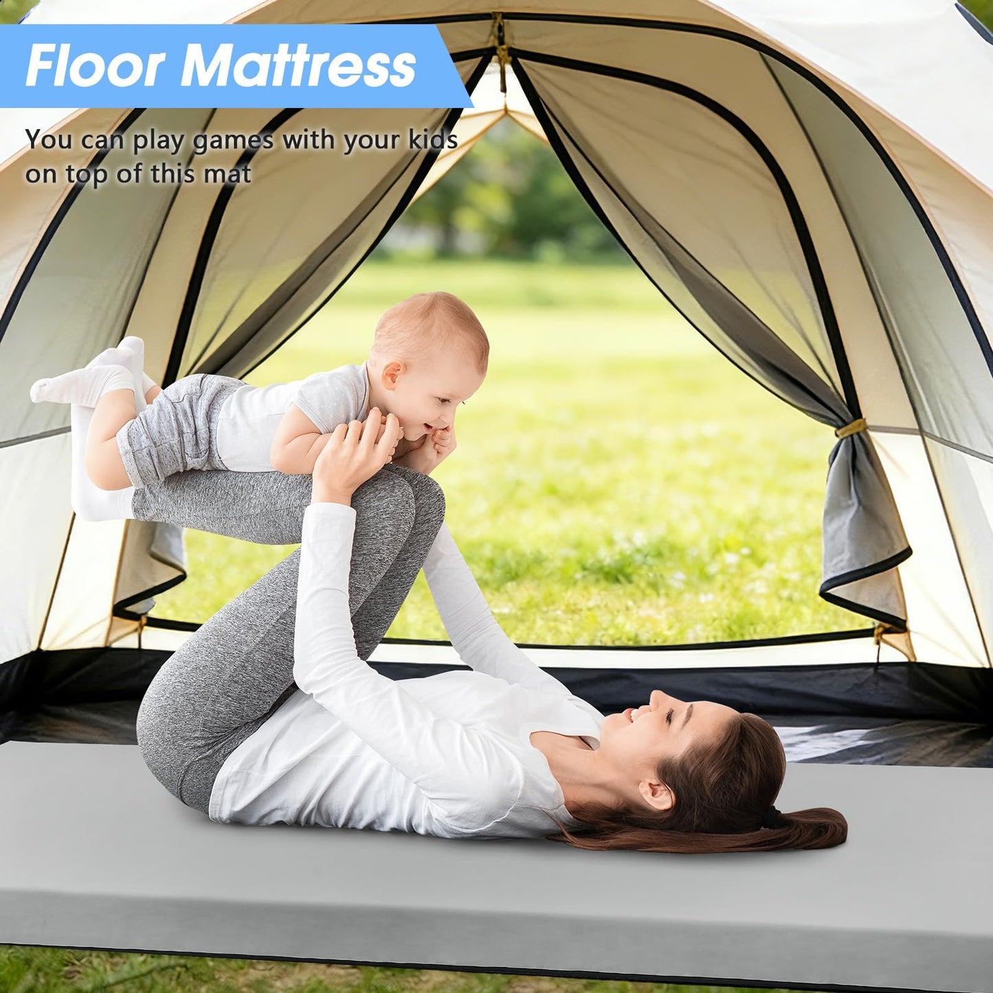 CYMULA 3 Inch Memory Foam Camping Pad, Camping Essentials Roll Up Floor Mat for Car Camping, Cot, Tent, Truck, Travel and Guest Use, Non-Slip Waterproof Bottom, Removable Cover