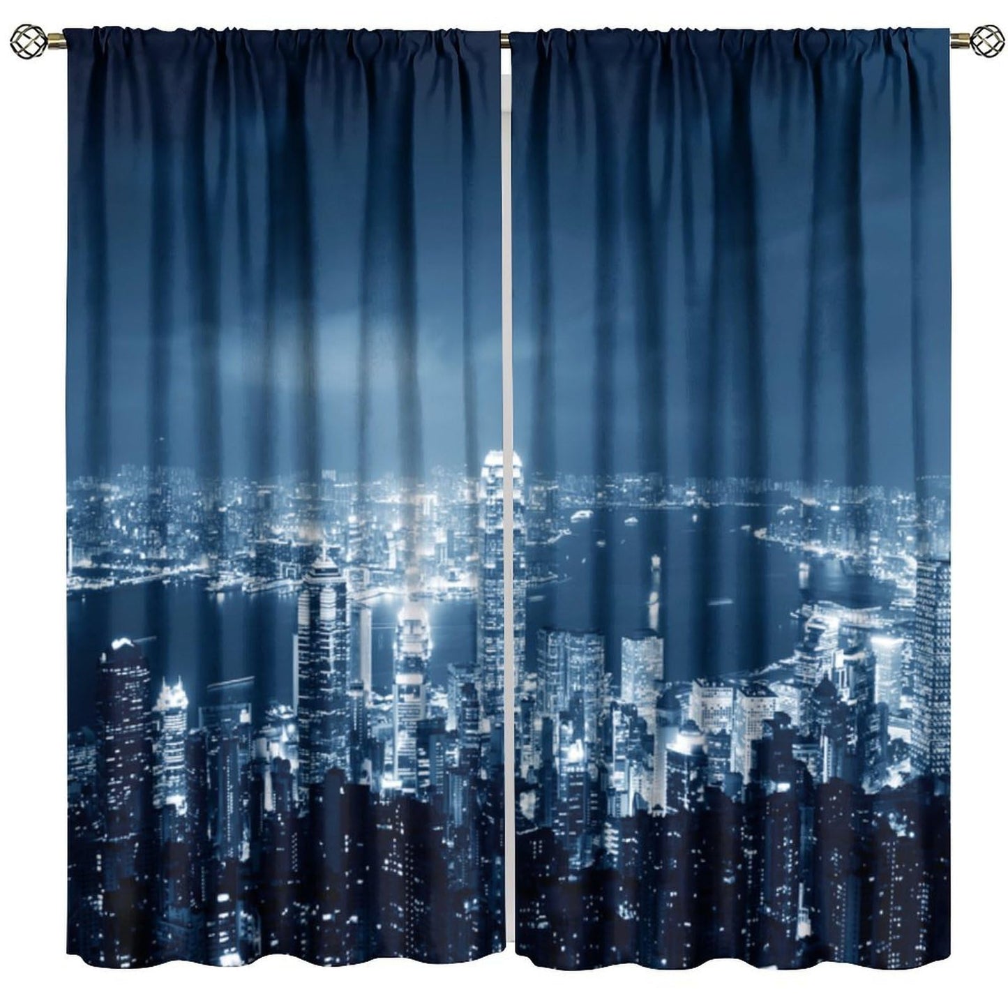 City Skyline Curtains, Blue Night City Lights Harbor View Print, Rod Pocket Light Filtering Window Drapes for Living Room Bedroom, 20.5" W x 44.5" L, 2 Panels （No Blackout）