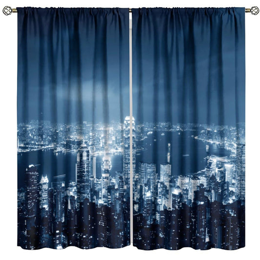 City Skyline Curtains, Blue Night City Lights Harbor View Print, Rod Pocket Light Filtering Window Drapes for Living Room Bedroom, 20.5" W x 44.5" L, 2 Panels （No Blackout）