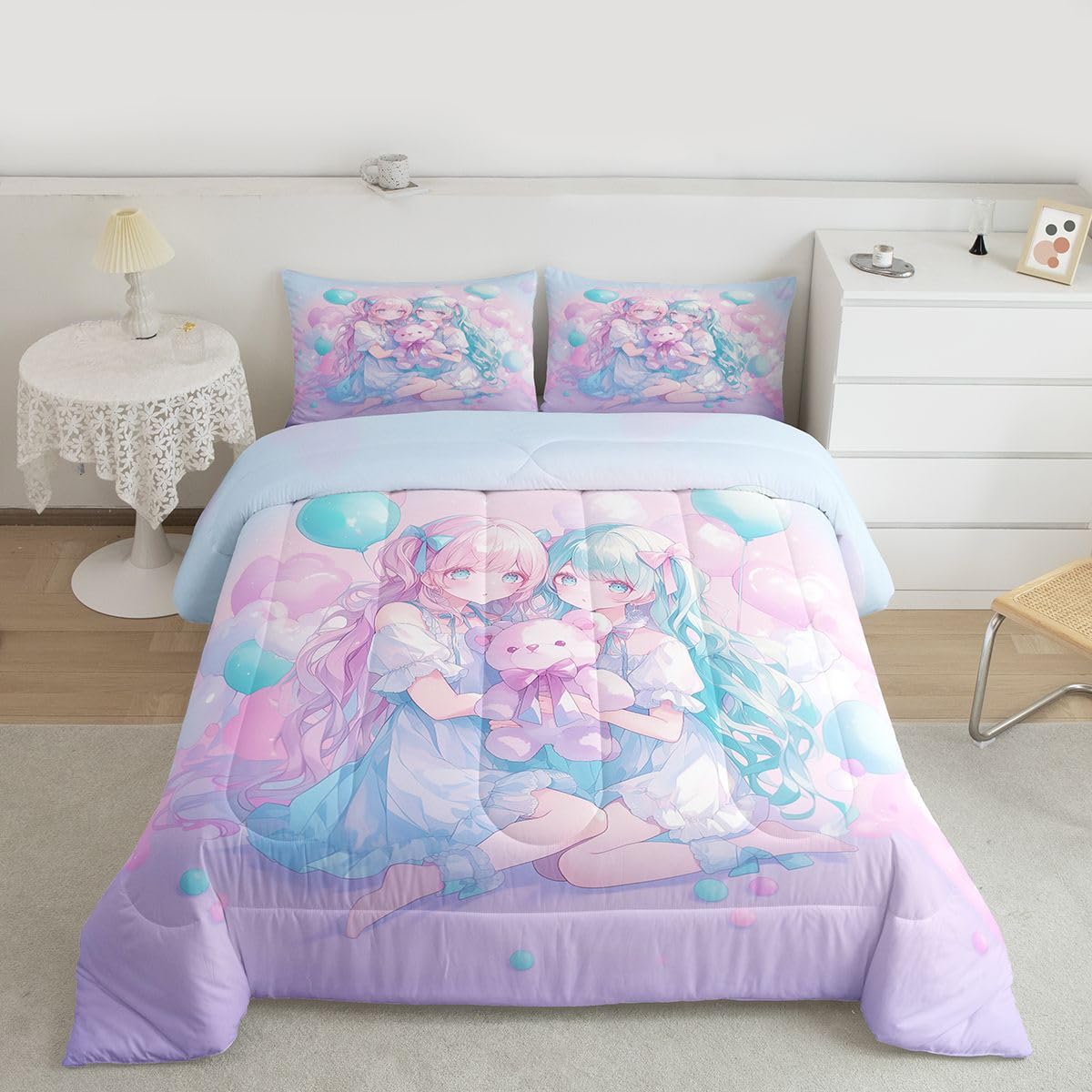 Erosebridal Anime Girl Kids Bedding | Girly Friendship Twin Comforter Sets,Fantasy Dreamy Girls Comforter Romance Ballons Duvet Insert with 1 Pillow Case