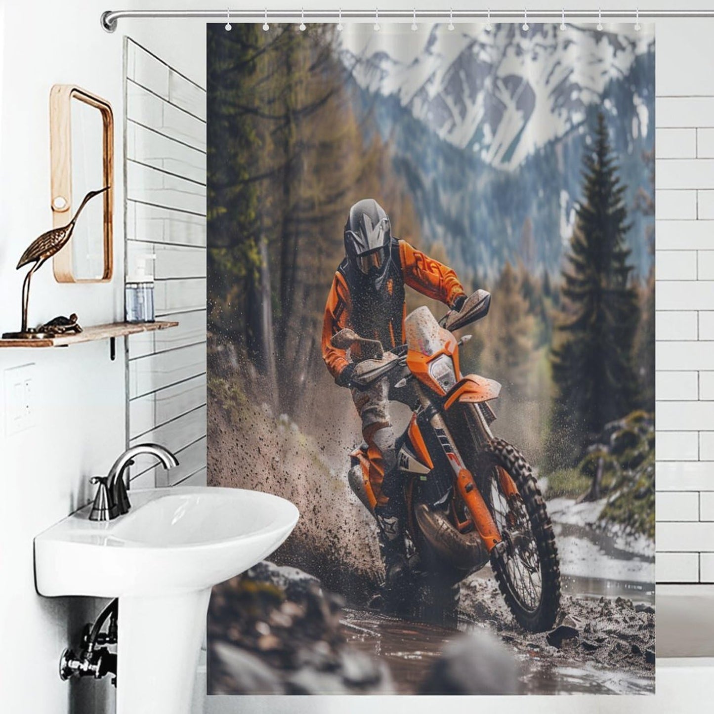 HDESDIS Dirt Bike Racing Shower Curtain, Motocross Racer Extreme Sports Shower Curtain Set with 12 Hooks for Bathroom Decor Accessories Bathtub Curtain, 36"x72"