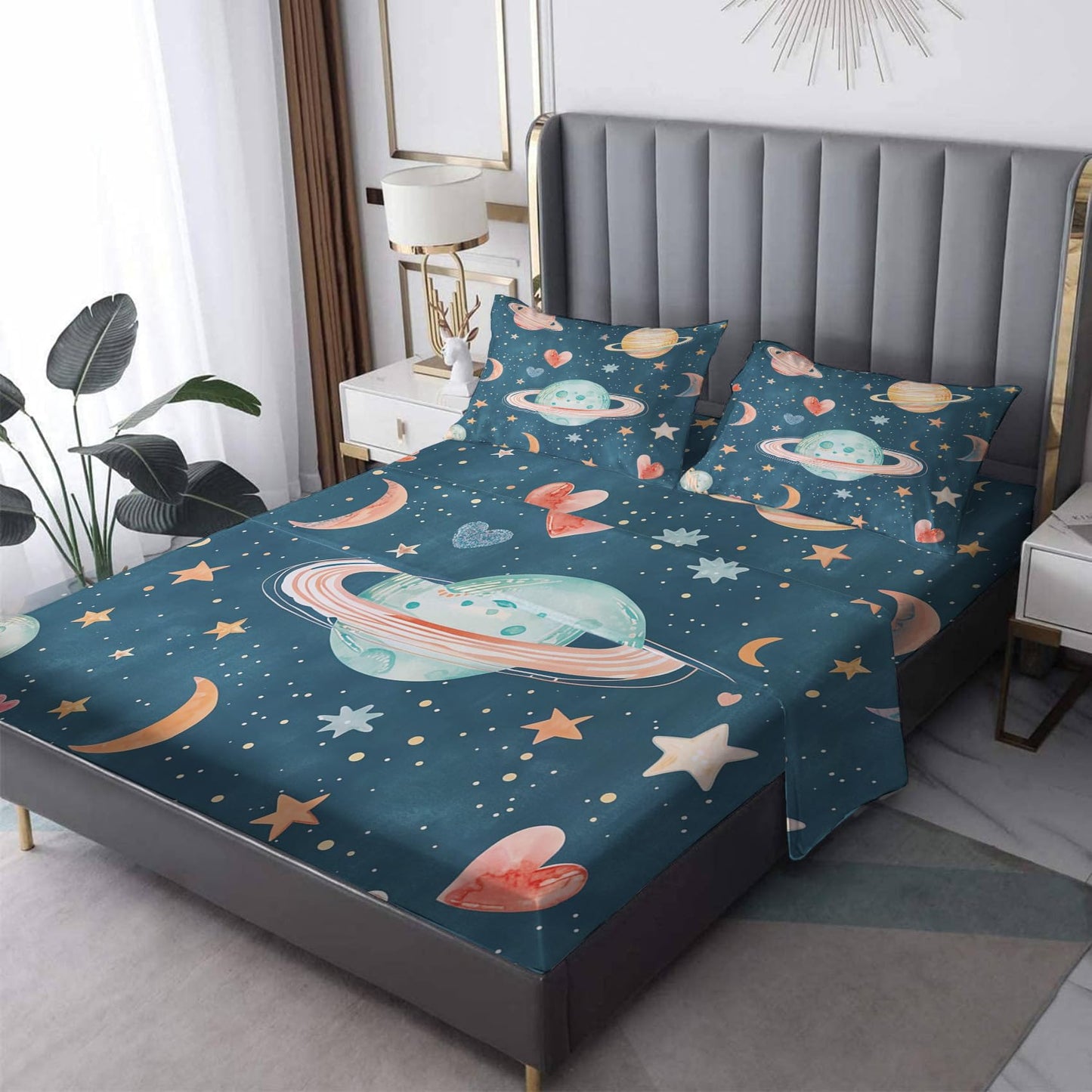 Rejkxyw King Size Sheets Set Cartoon Planet - Star Moon Outer Space Bed Sheets - Boys Girls Sheet Set - 12 Inch Deep Pocket - Ultra Soft Winkle Free Microfiber Bedding Sheets & Pillowcases 4 Piece