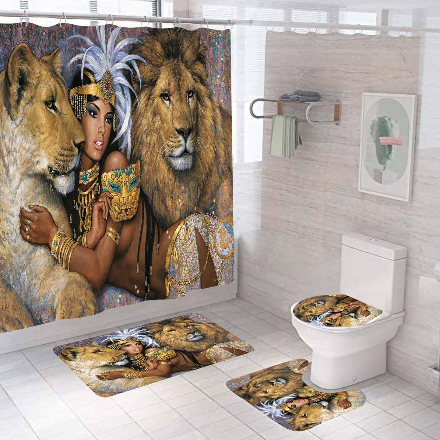 OLEBETY 4PCS Lion African Women Shower Curtain Sets With Rugs, African American Shower Curtain, Waterproof Fabric Brown Shower Curtain, Wild Animal Exotic Afro Black Girl Egyptian Queen Bathroom Decor