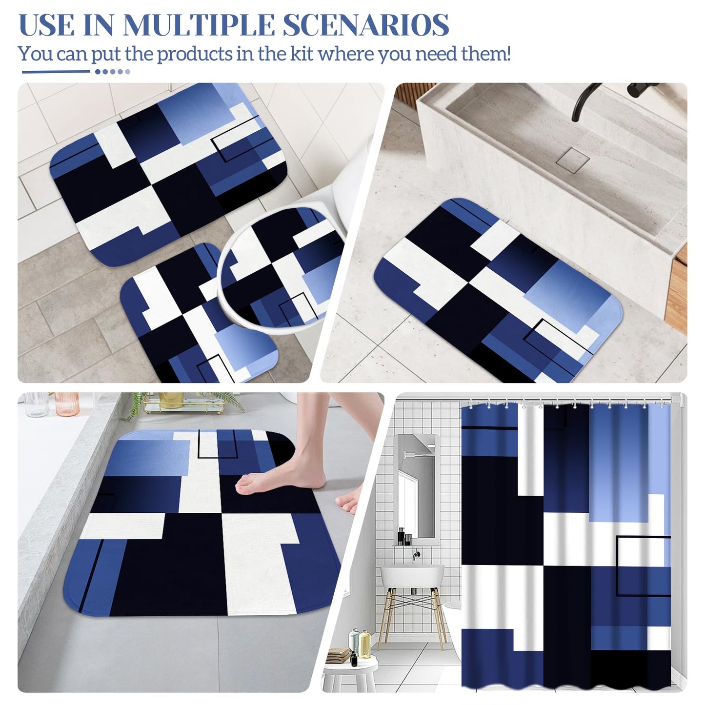 KINUUIS 4 Pcs Navy Blue Geometric Bathroom Shower Curtain Sets with with Toilet Lid Cover and Non-Slip Rugs,Navy Blue Bathroom Decor Sets with Shower Curtain and Rugs for Bathroom