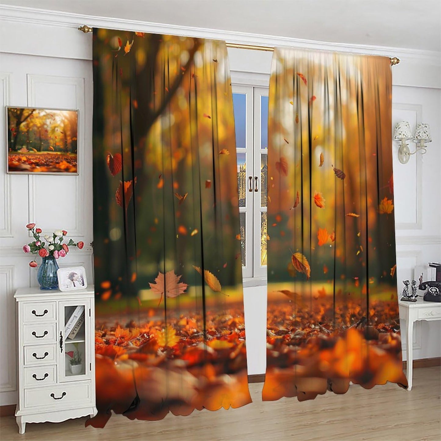TOWINSFB Autumn Fallen Maple Leaves Blackout Curtains, Sunset Plant Tree Home Decor Rod Pocket Window Drapes for Living Room Bedroom - 42" W x 63" L