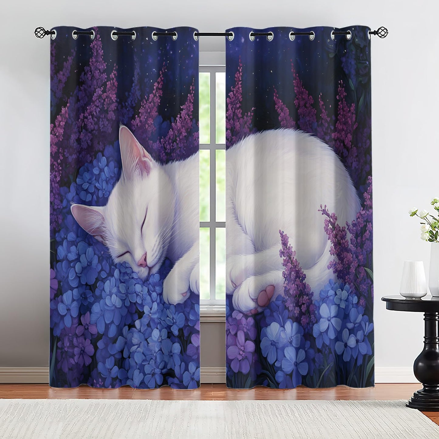 MPUTIE Cat Blackout Curtains 63 inch Length, Floral Cat Window Treatments for Bedroom, Grommet Curtains for Kitchen, Hydrangea Window Drapes, Animal Room Decor, 2 Panels