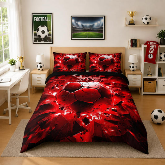 Nttopship Soccer Bedding Comforter Set Queen Size for Kids Teens and Adults, Red and Black Football Printed Bedding Sets 3 PCS,Ball Sports Themed Bedroom Decor with 1 Comforter and 2 Pillowcases
