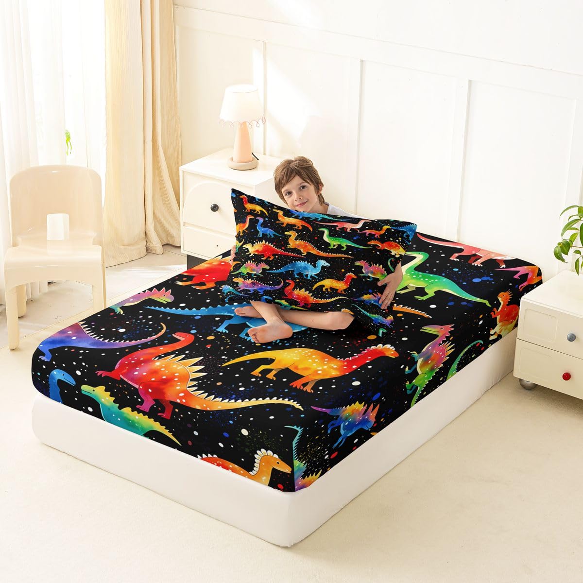 Feelyou Dinosaur Bed Sheets Set Twin Size 3D Digital Print Bed Set Jungle Dino Deep Pocket Fitted Sheet Wild Animal Breathable Soft Lightweight Microfiber Orange Blue Red
