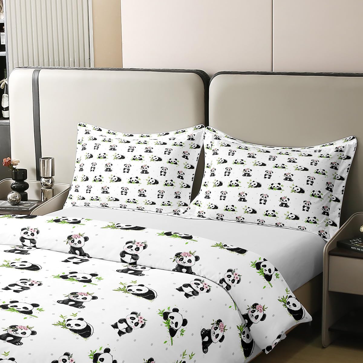 Manfei Cute Panda 100% Cotton Duvet Cover Set Twin Size, Pink Flower Green Bamboo Bedding Set 2pcs, Cartoon Animals Quilt Cover, Kids Girls Teens Room Decor, 1 Pillowcase,No Comforter