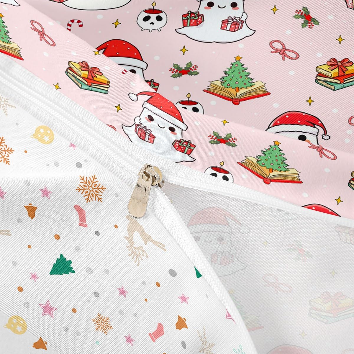 Christmas Ghost Duvet Cover Set Twin Size,Christmas Tree Bedding Sets 2Pcs for Kids Girls Boys Adult Room Decor,Red Xmas Candy Comforter Cover Cartoon Pink Quilt Cover,1 Pillowcase