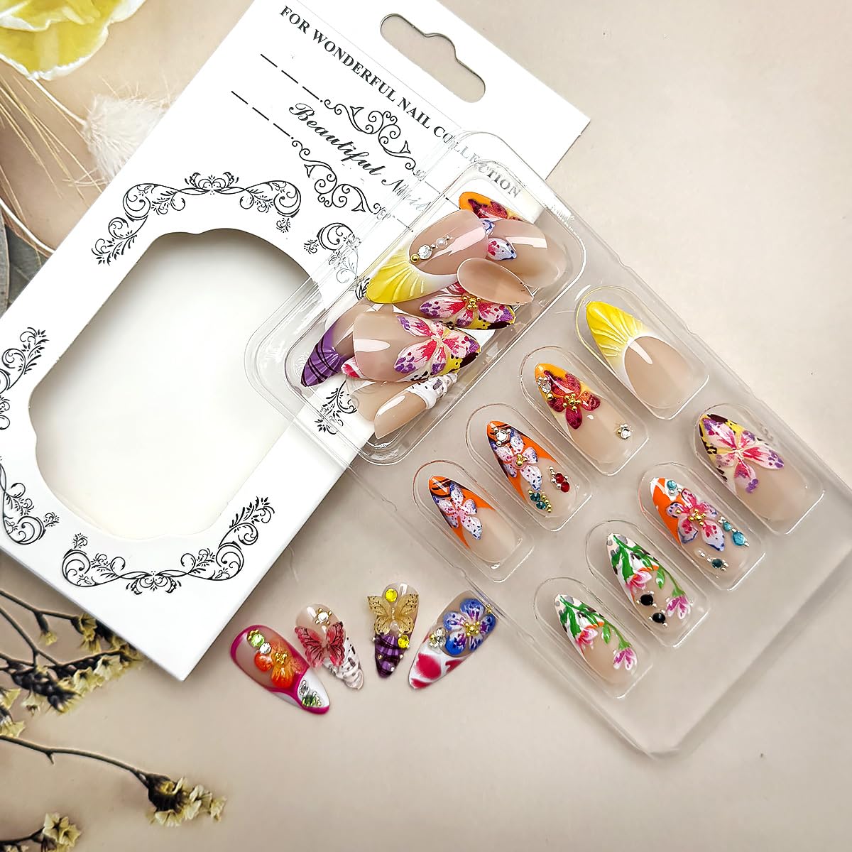 24Pcs Colorful Flower Press on Nails Medium Almond Handmade Fake Nails with 3D Butterfly Rhinestones Design Cute Full Cover Artificial Glue on Nails Hawaii False Nails Summer Stick on Nail for Women