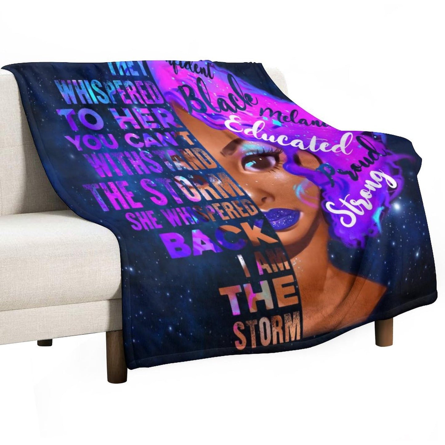 African American Woman Bedding Fleece Throw Blanket, Beautiful Purple Hair Black Grils Inspirational Quotes All Season Flannel Soft Warm Microplush Lightweight Thermal for Sofa Bed Bedroom 40"x50"