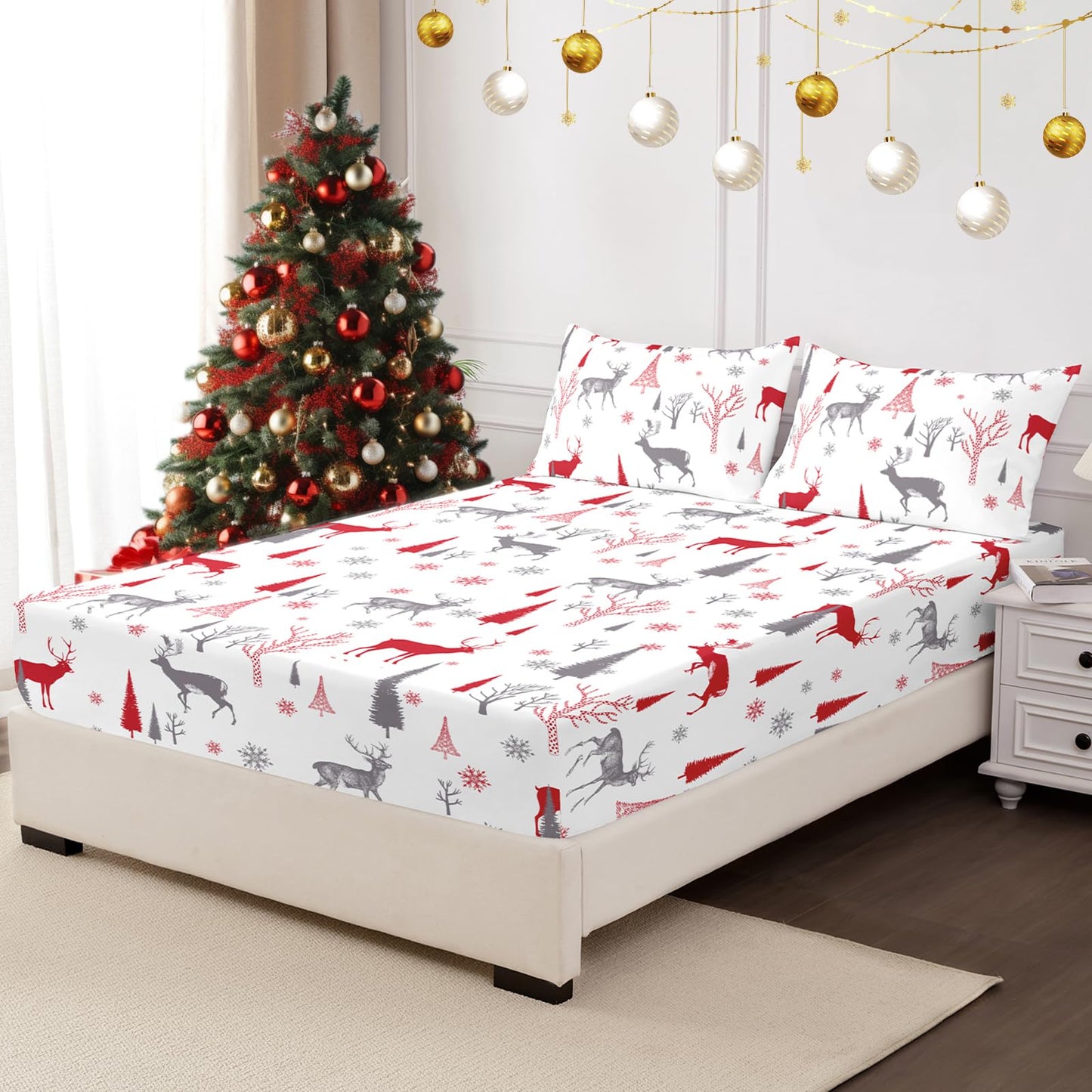 HCORA Christmas Fitted Sheet with Pillow Cases, 100% Brushed Microfibre Deep Pocket Fitted Bottom Sheet, Ultra Soft, Shrinkage and Fade Resistant, Full Size