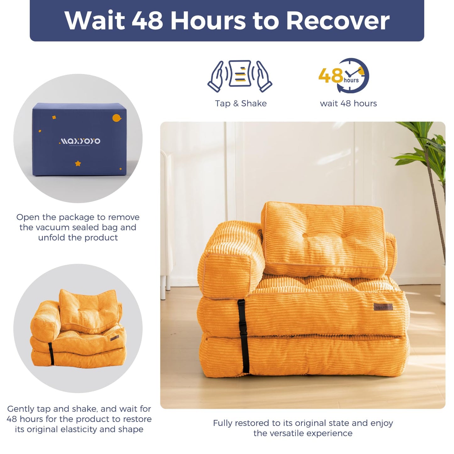 MAXYOYO Folding Sofa Bed, L-Shaped Convertible Sofa Bed Foldable Couch with Pillow, Portable Fold Out Chair Lounge for Living Room Bedroom, Orange
