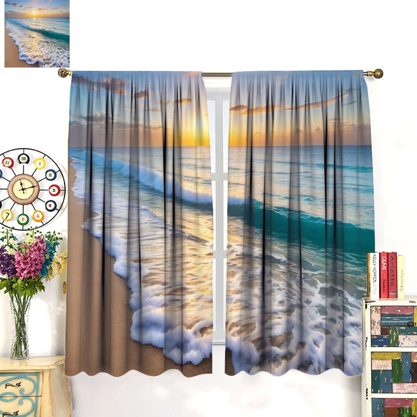 Nitmbi Beach Sunset Curtains,Ocean Tropical Summer Hawaiian Sunset Sea Waves Scenery Pattern Drapes Window 2 Panel Rod Pocket Curtain for Bedroom Living Room Decor 42" W X 45" L