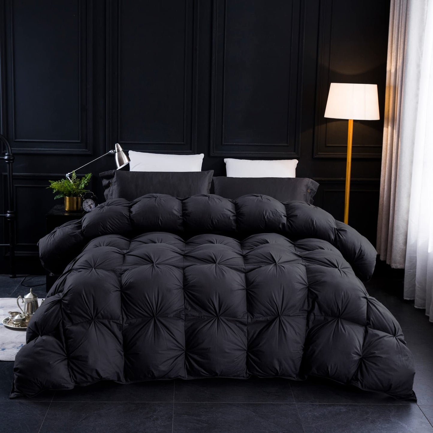 Three Geese Pinch Pleat Waterfowl Feathers and Down Comforter Twin Size Duvet Insert,750+ Fill Power,1200TC 100% Cotton, Premium All Seasons Black-Gray Warm Hotel Comforter with 8 Tabs.
