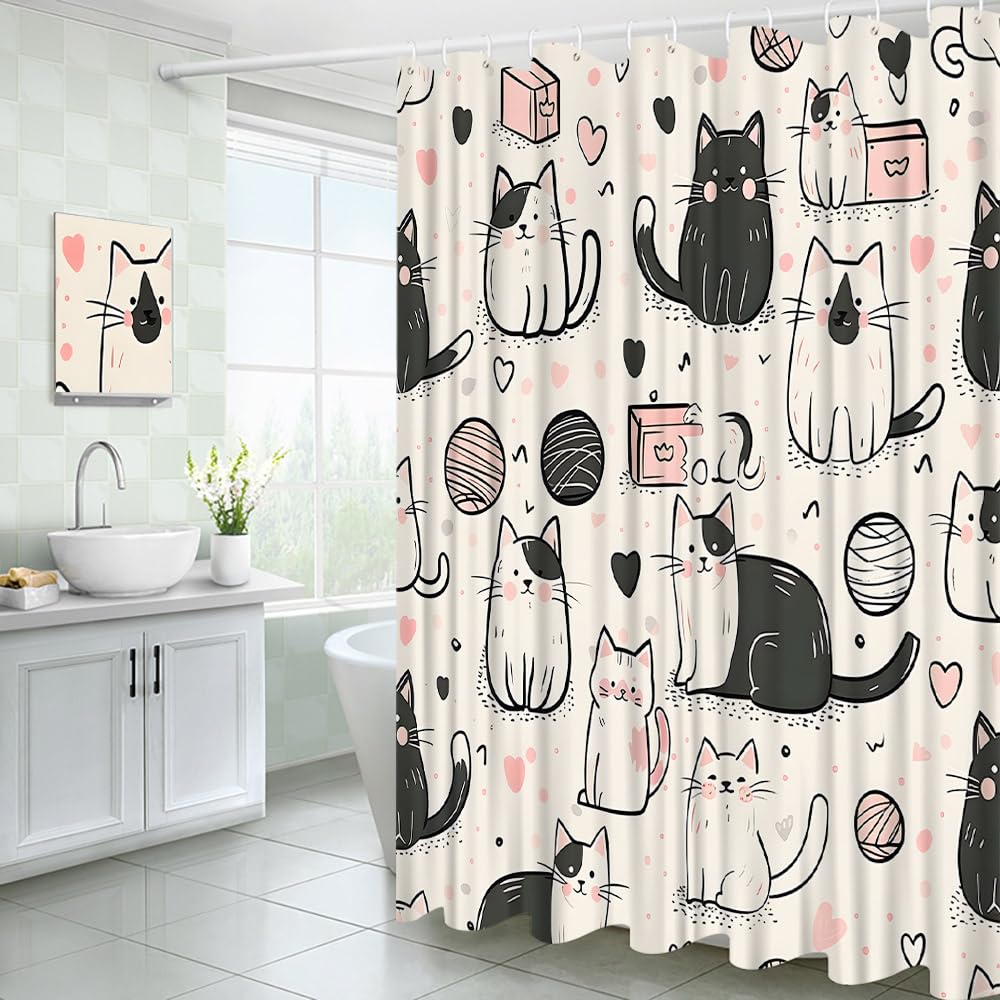YOZSLGU Funny Abstract Cat Shower Curtain Cute Kitty Kitten Cartoon Fabric Bathroom Decor Curtains Set with Hooks, 70" Wx70 H