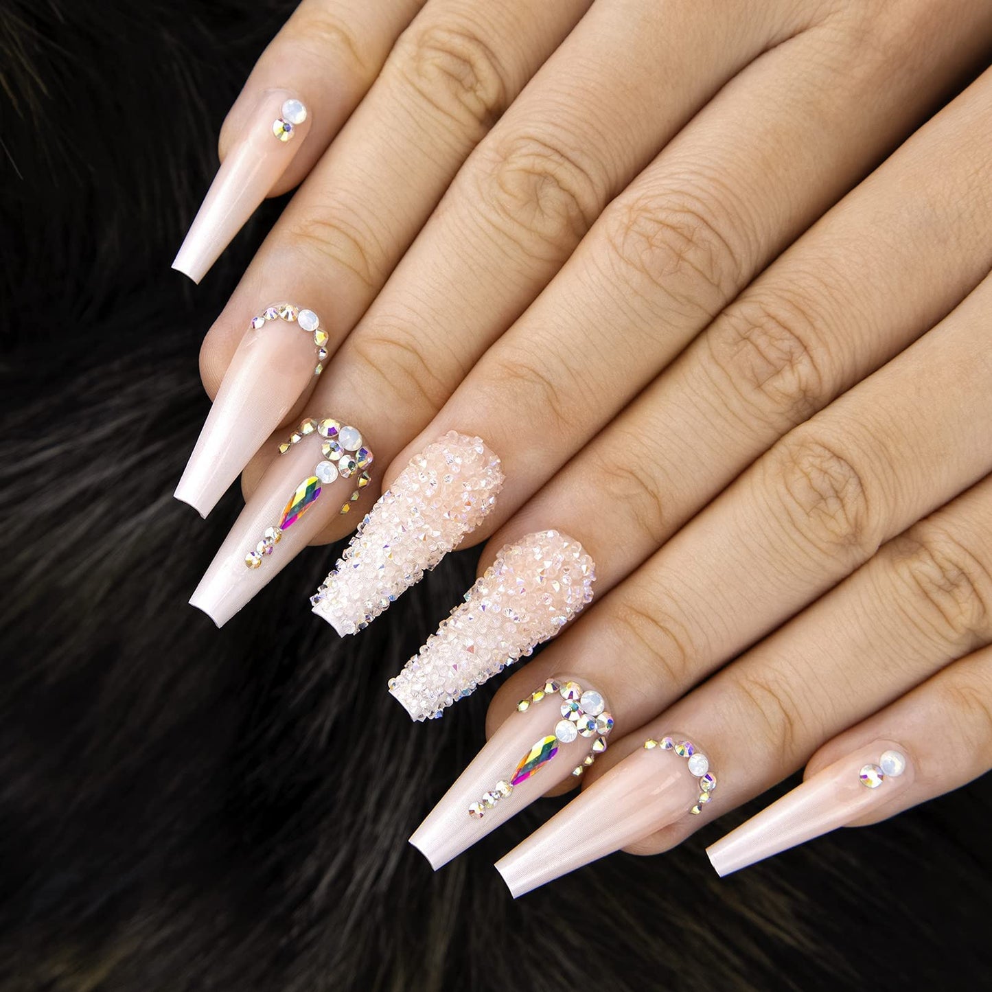 Kikmoya Extra Long Coffin Press on Nails, Crystal Luxury Nails with Silver Opal rhinestones, Pink French Mixed Light Ombre, 24pcs Glossy False Fake Tips, Finger Manicure for Women (K29)