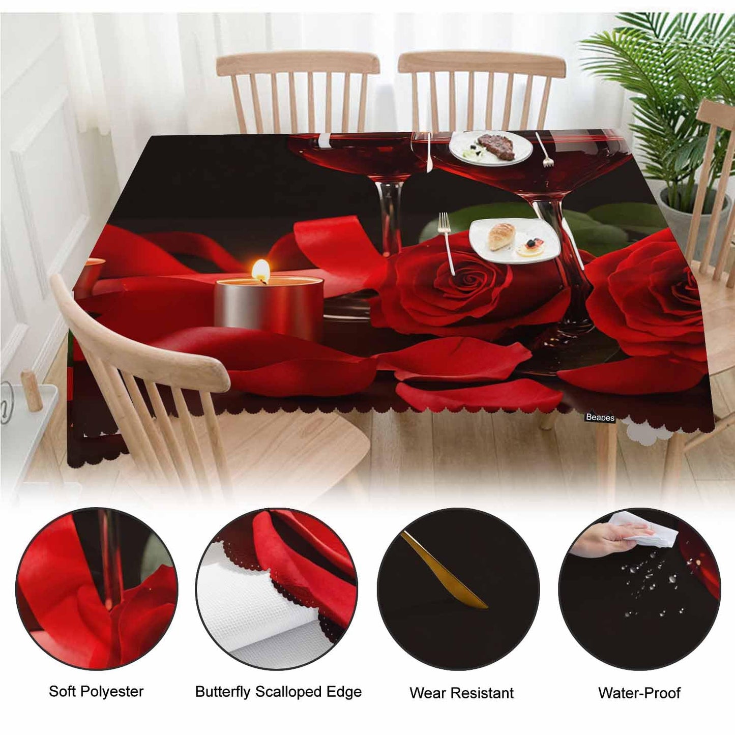 Beabes Wine Table Cloth Rectangle Table 52"X70", Romantic Red Wine Glasses Rose Wipeable Table Cover for Dinner Kitchen, Indoor Outdoor Tablecloth for Party Banquets Weddings