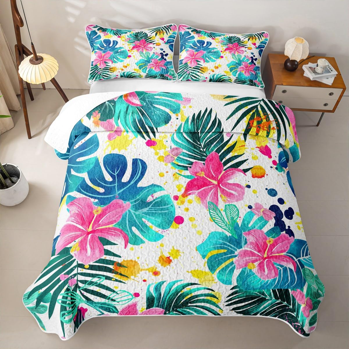 Erosebridal Palm Leaves Quilt Set Twin Summer Hawaiian Quilt Tropical Botanical Floral Bedding Coverlet Watercolor Graffiti Bedspread