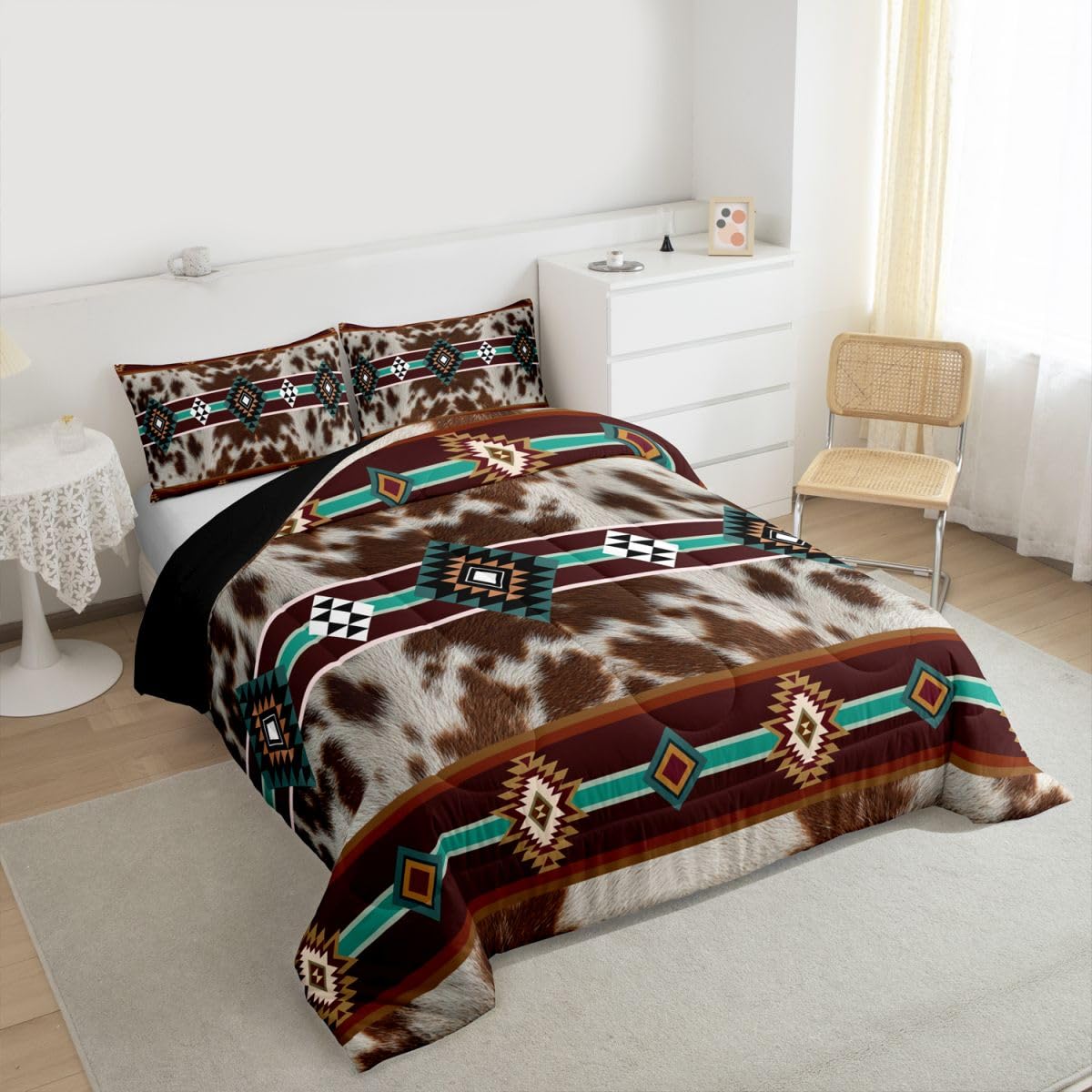 jejeloiu Cowhide Pattern Comforter Set All Season Cow Fur Print Bedding Set with 2 Pillow Cases Boho Geometric Microfiber Kids Queen Bedclothes Western Farm Animal Skin Bedroom Decor Duvet Quilt Soft