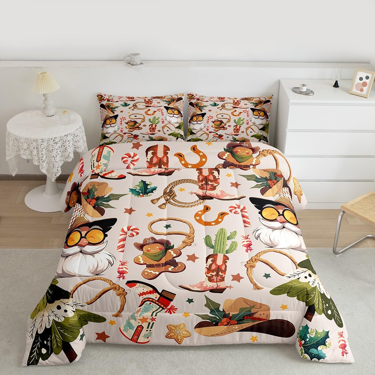 Feelyou Western Kids Comforter Set Full Size Merry Christmas Bedding Set Cowgirl Floral Duvet Quilt for Kids Boys Girls Bedroom Western Cowboy Boots Decor Wild West Cactus Flower Ultra Soft Breathable